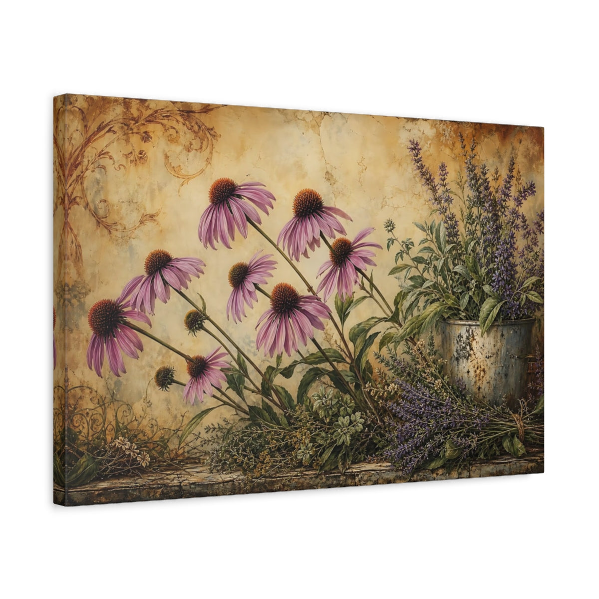 Side Mockup 3. Antique Still-Life Painting Row Of Plum Prairie Coneflowers Beside Herb Garden shown as stretched canvas wall art