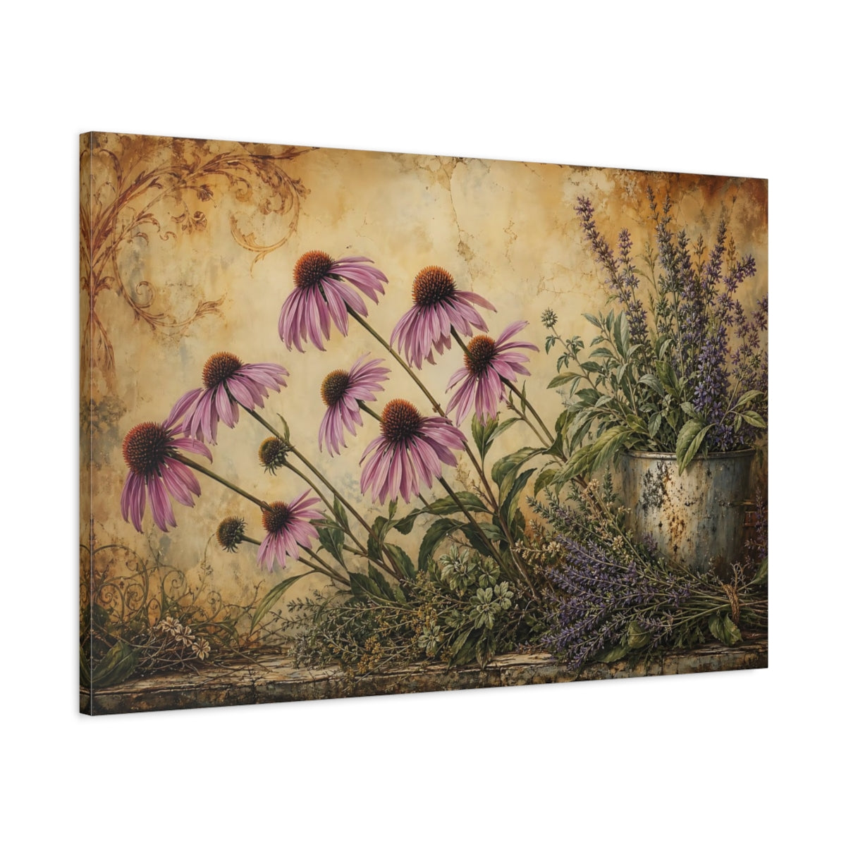 Main Mockup. Antique Still-Life Painting Row Of Plum Prairie Coneflowers Beside Herb Garden shown as stretched canvas wall art