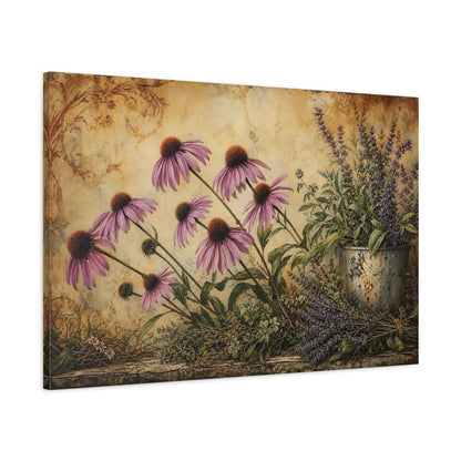 Main Mockup. Antique Still-Life Painting Row Of Plum Prairie Coneflowers Beside Herb Garden shown as stretched canvas wall art