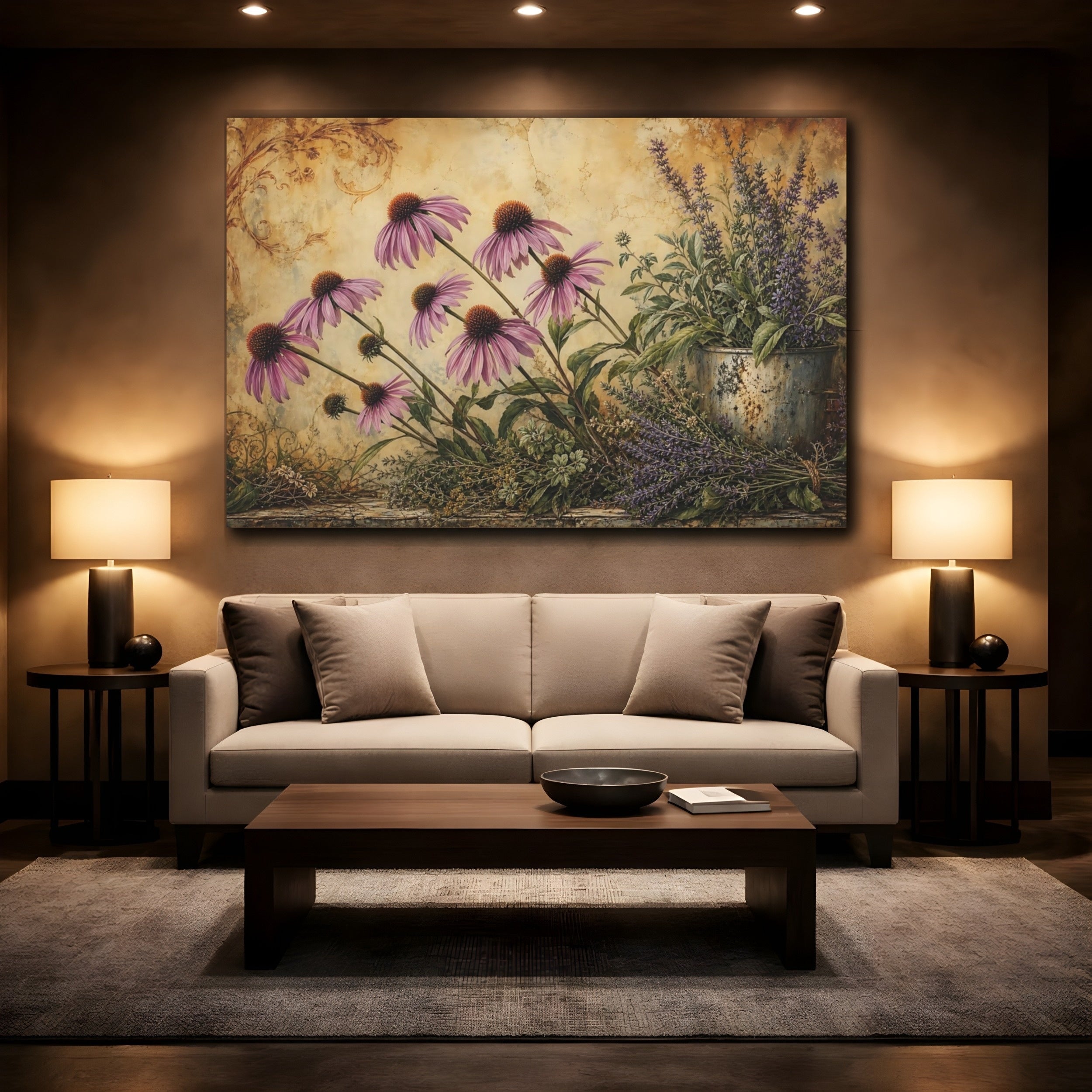 Mockup 2. Antique Still-Life Painting Row Of Plum Prairie Coneflowers Beside Herb Garden shown as stretched canvas wall art