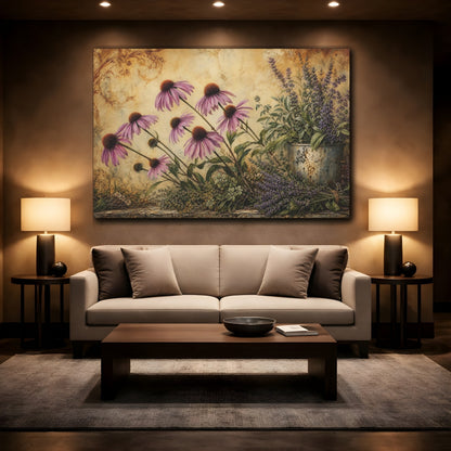 Mockup 2. Antique Still-Life Painting Row Of Plum Prairie Coneflowers Beside Herb Garden shown as stretched canvas wall art