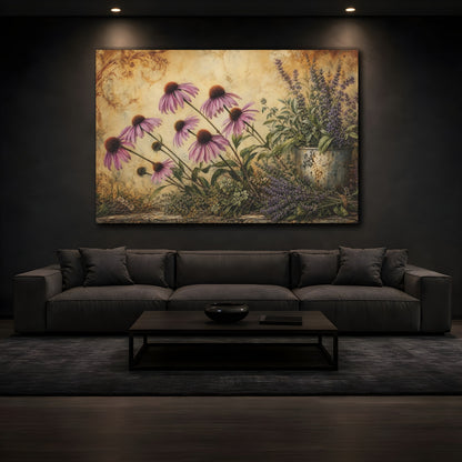 Mockup 3. Antique Still-Life Painting Row Of Plum Prairie Coneflowers Beside Herb Garden shown as stretched canvas wall art