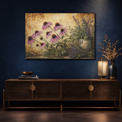 Mockup 4. Antique Still-Life Painting Row Of Plum Prairie Coneflowers Beside Herb Garden shown as stretched canvas wall art