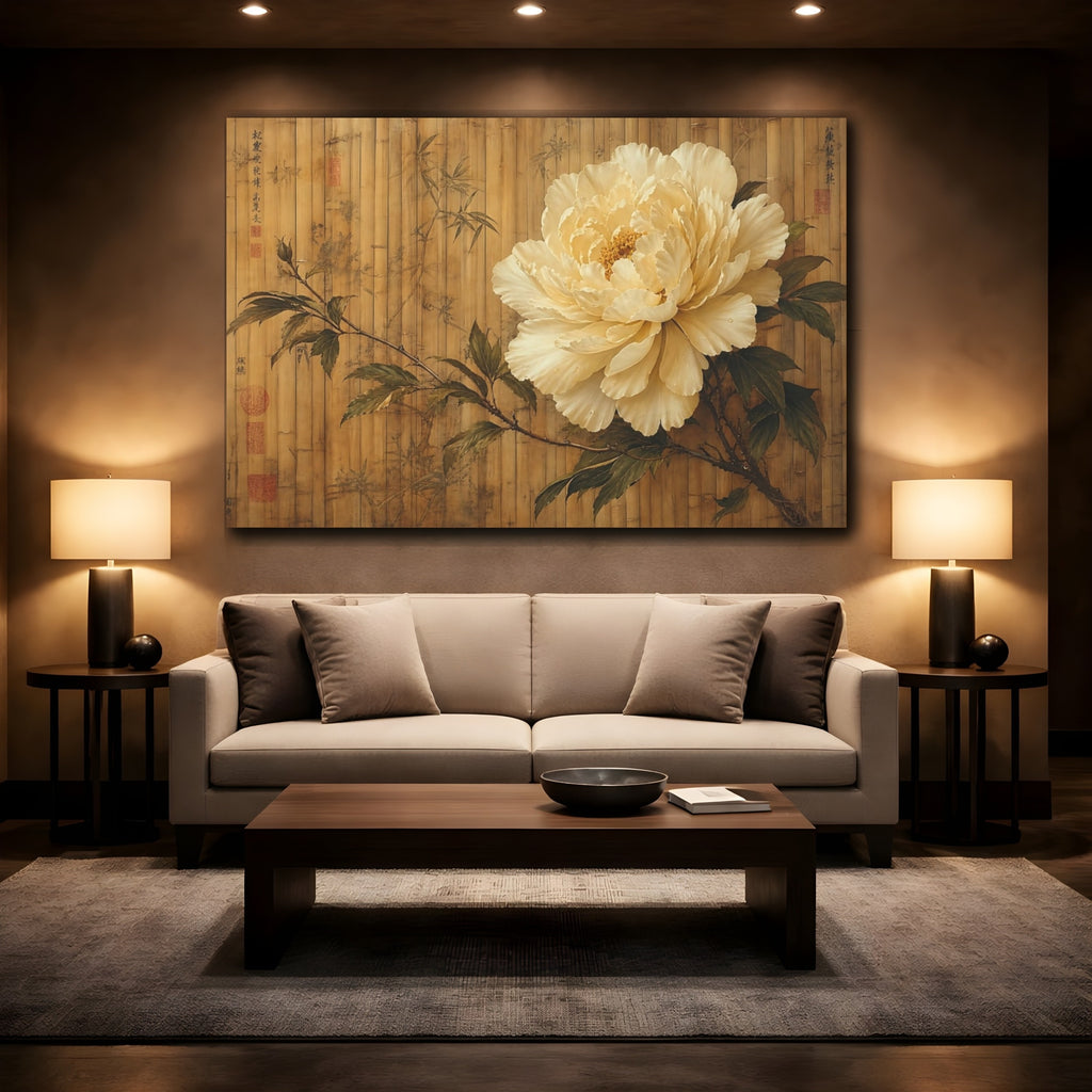 Mockup 2. Antique Still-Life Painting Single Ivory Peony Against Bamboo Screen shown as stretched canvas wall art