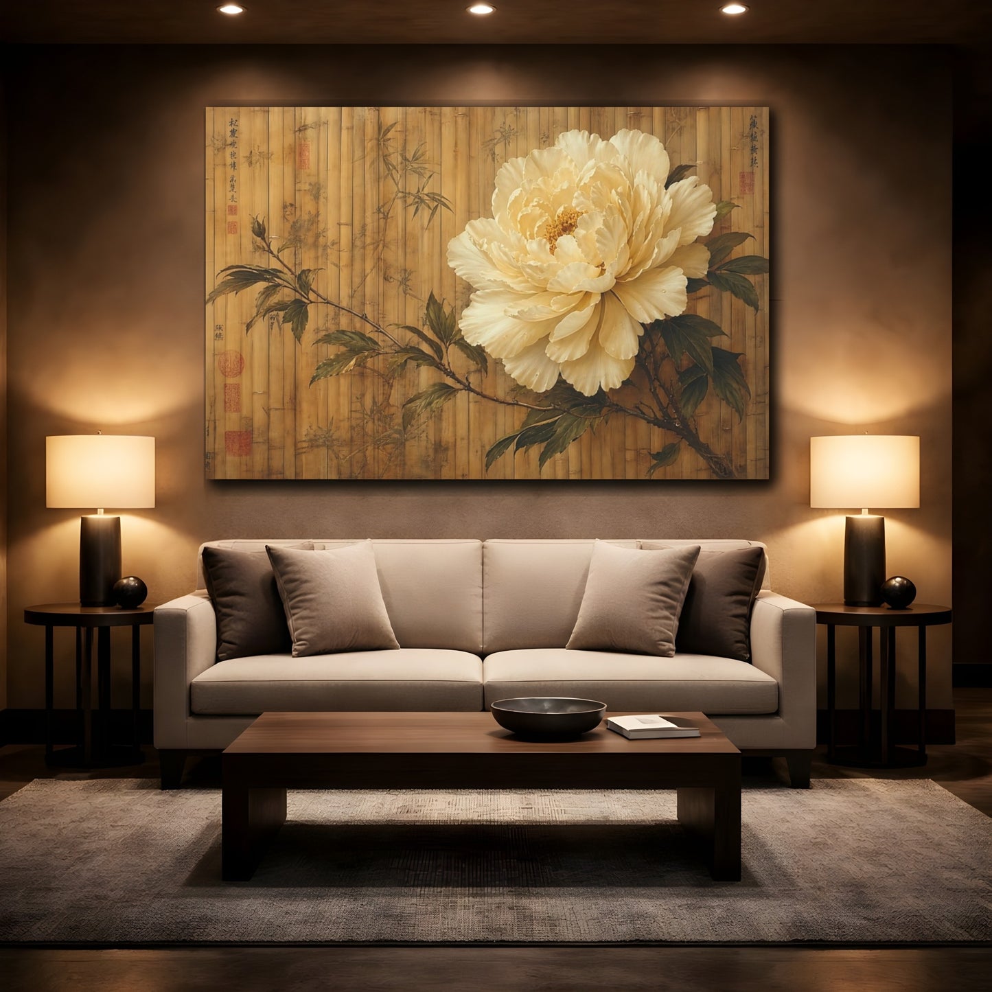 Mockup 2. Antique Still-Life Painting Single Ivory Peony Against Bamboo Screen shown as stretched canvas wall art