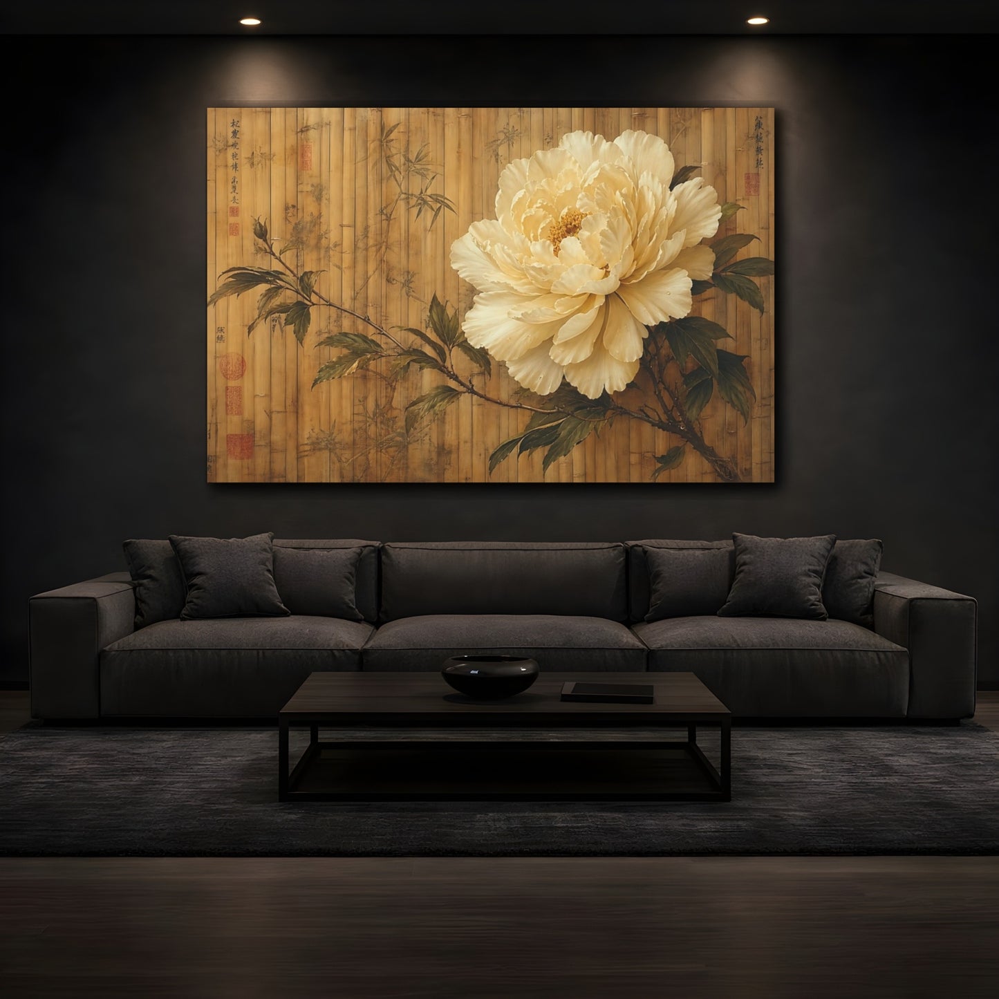 Mockup 3. Antique Still-Life Painting Single Ivory Peony Against Bamboo Screen shown as stretched canvas wall art