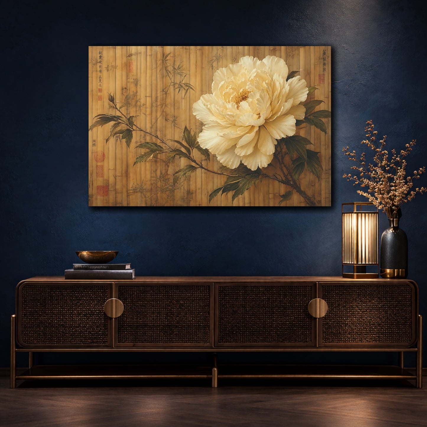 Mockup 4. Antique Still-Life Painting Single Ivory Peony Against Bamboo Screen shown as stretched canvas wall art