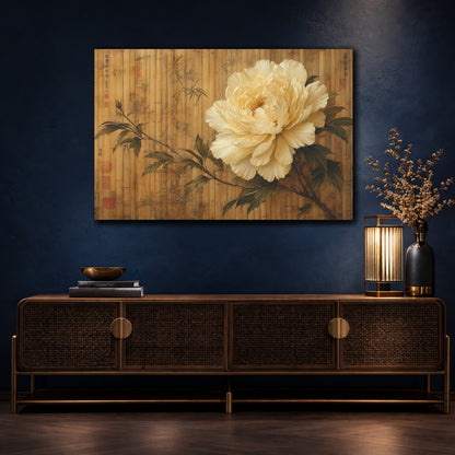 Mockup 4. Antique Still-Life Painting Single Ivory Peony Against Bamboo Screen shown as stretched canvas wall art