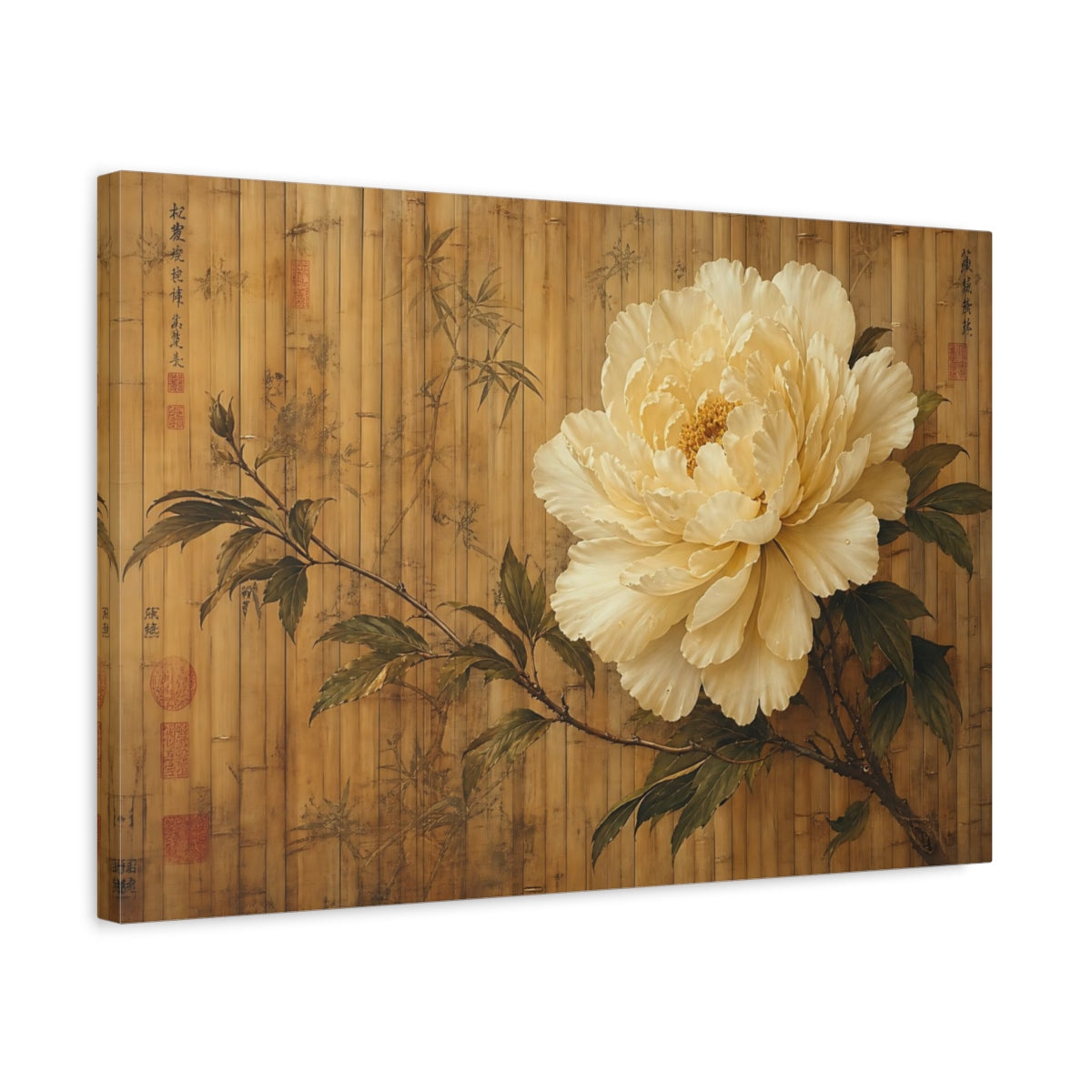 Side Mockup 3. Antique Still-Life Painting Single Ivory Peony Against Bamboo Screen shown as stretched canvas wall art