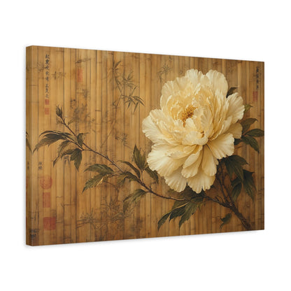 Side Mockup 3. Antique Still-Life Painting Single Ivory Peony Against Bamboo Screen shown as stretched canvas wall art