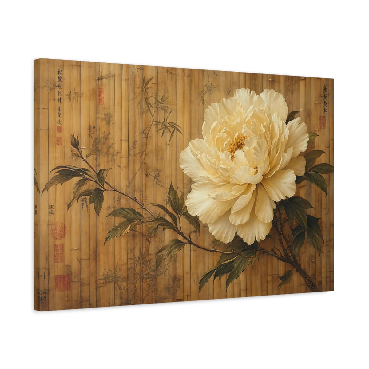 Side Mockup 2. Antique Still-Life Painting Single Ivory Peony Against Bamboo Screen shown as stretched canvas wall art