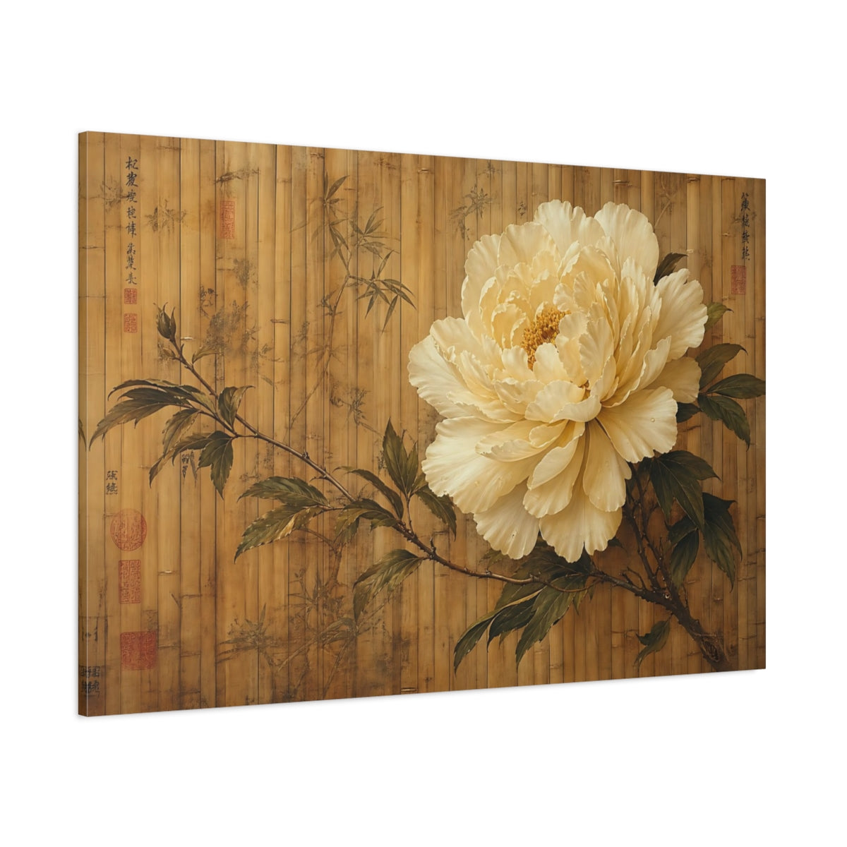 Side Mockup 1. Antique Still-Life Painting Single Ivory Peony Against Bamboo Screen shown as stretched canvas wall art