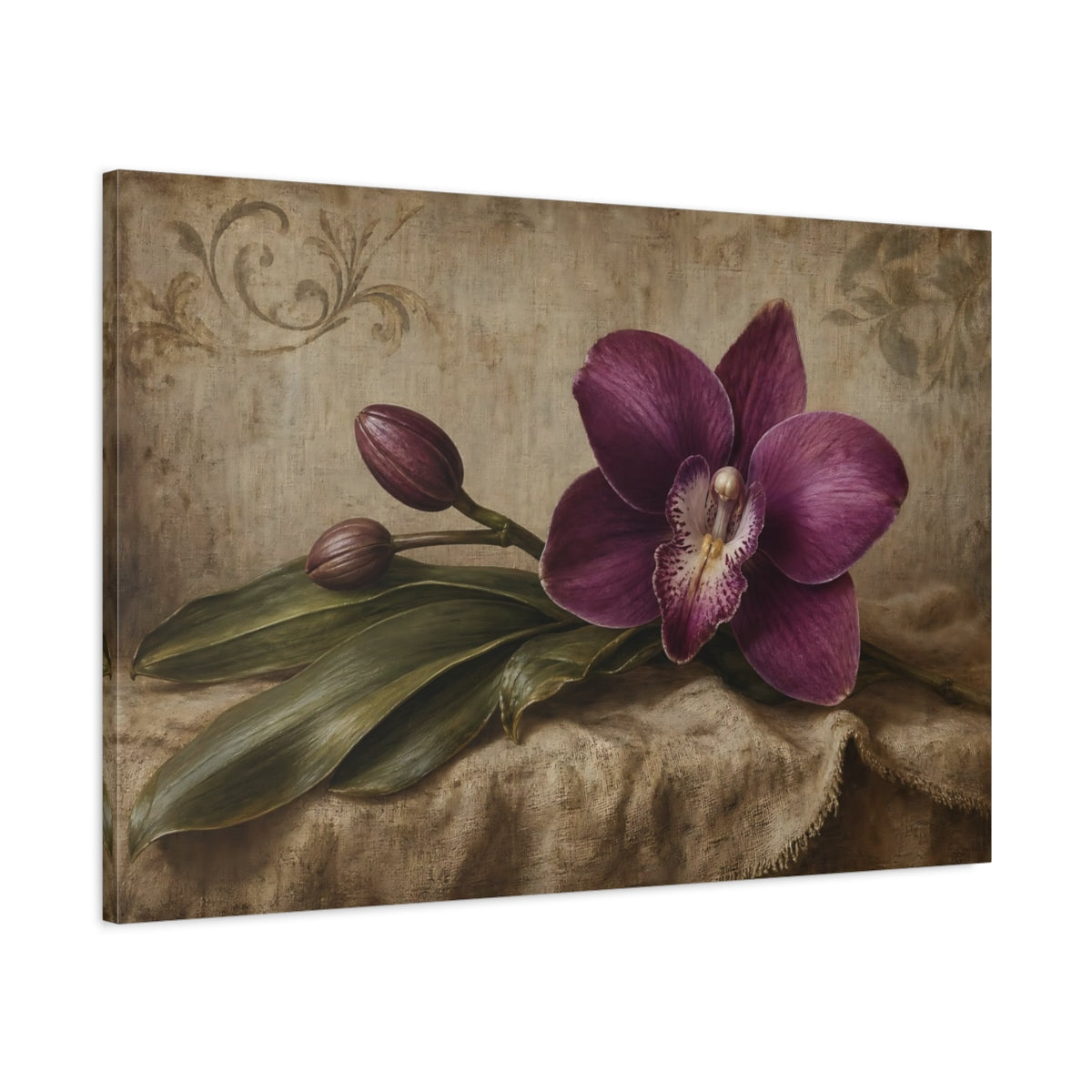 Main Mockup. Antique Still-Life Painting Single Plum Orchid Against Linen Backdrop shown as stretched canvas wall art