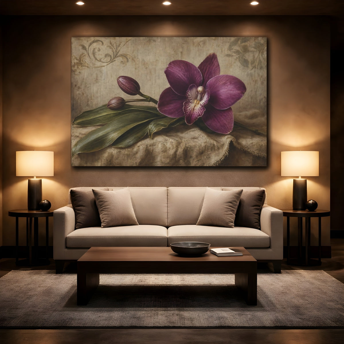 Mockup 2. Antique Still-Life Painting Single Plum Orchid Against Linen Backdrop shown as stretched canvas wall art