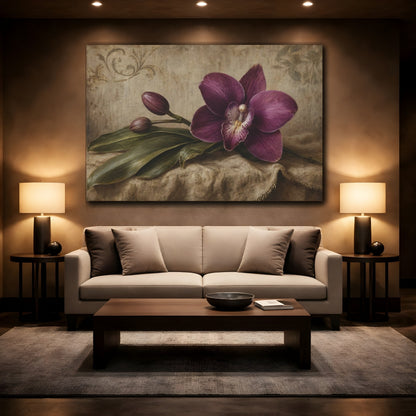 Mockup 2. Antique Still-Life Painting Single Plum Orchid Against Linen Backdrop shown as stretched canvas wall art