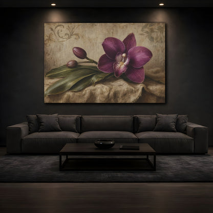 Mockup 3. Antique Still-Life Painting Single Plum Orchid Against Linen Backdrop shown as stretched canvas wall art