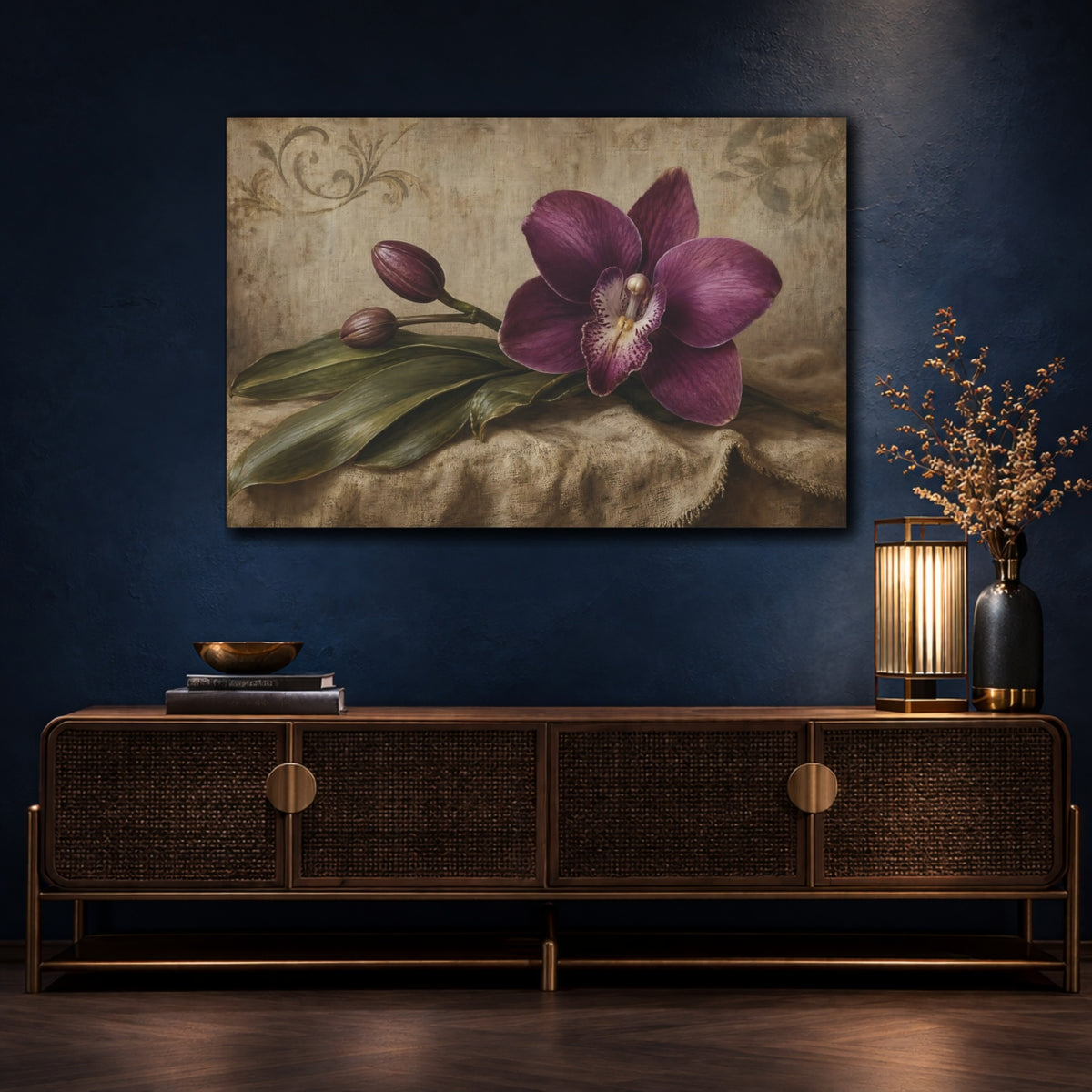 Mockup 4. Antique Still-Life Painting Single Plum Orchid Against Linen Backdrop shown as stretched canvas wall art
