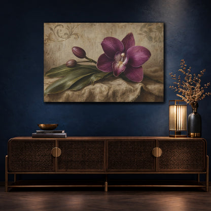Mockup 4. Antique Still-Life Painting Single Plum Orchid Against Linen Backdrop shown as stretched canvas wall art