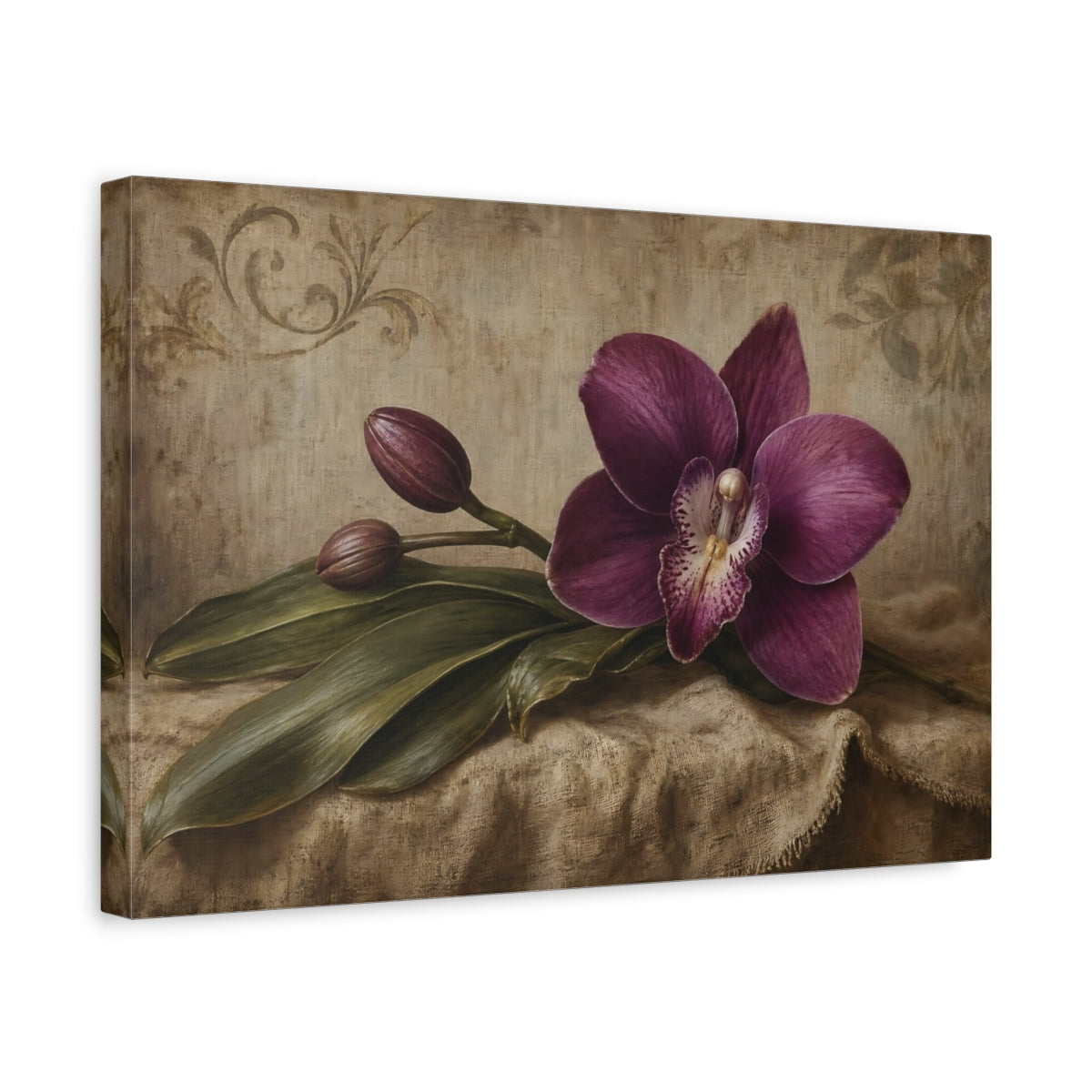 Side Mockup 4. Antique Still-Life Painting Single Plum Orchid Against Linen Backdrop shown as stretched canvas wall art