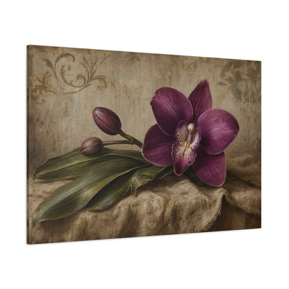 Side Mockup 1. Antique Still-Life Painting Single Plum Orchid Against Linen Backdrop shown as stretched canvas wall art