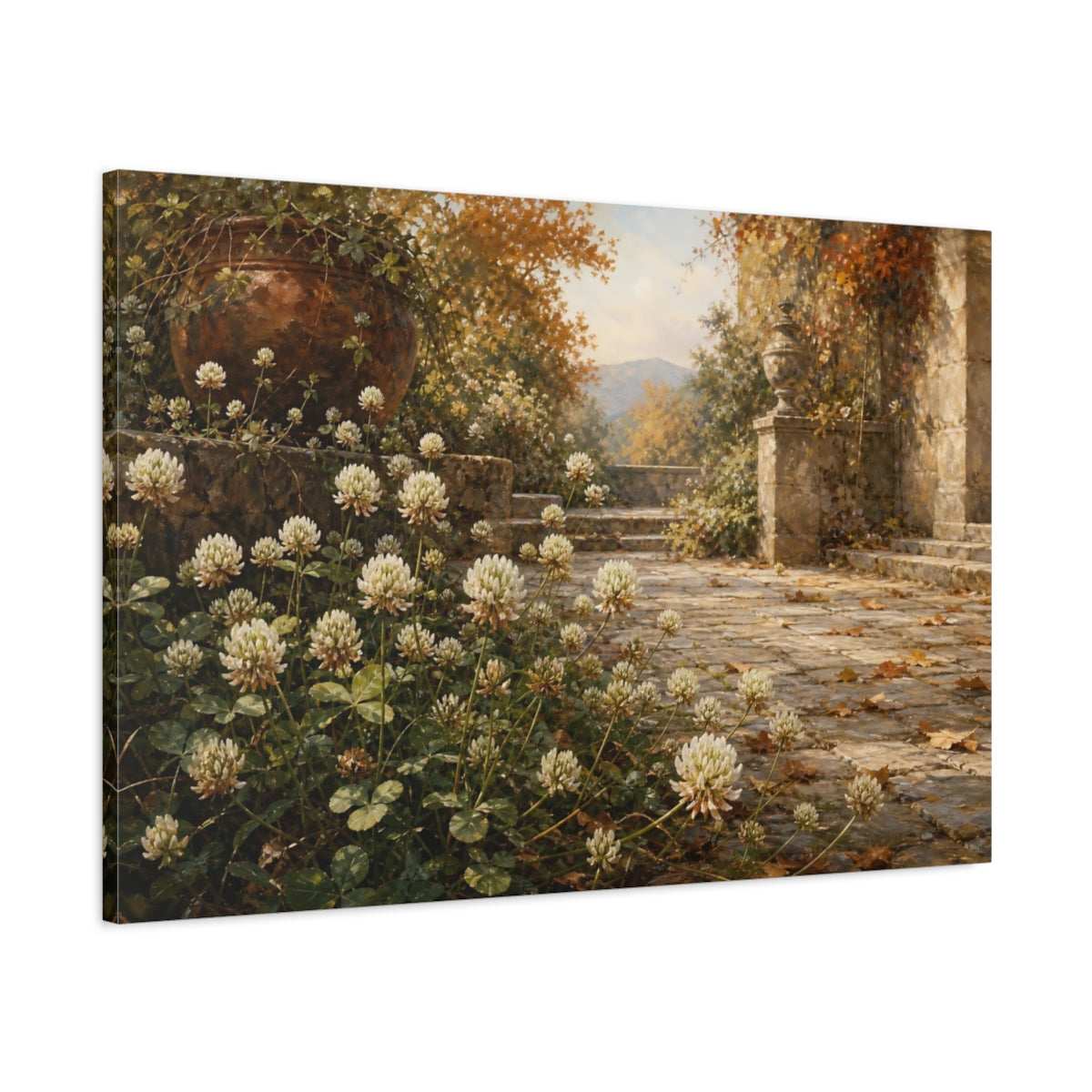 Main Mockup. Antique Still-Life Painting White Clover Blossoms Across Stone Courtyard In Autumn Air shown as stretched canvas wall art