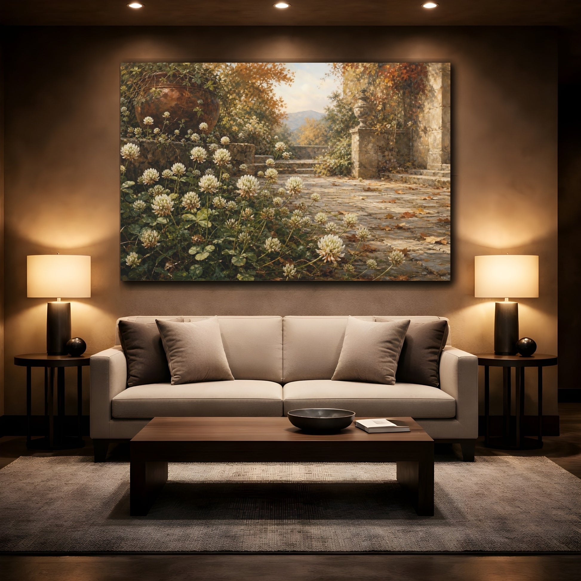 Mockup 2. Antique Still-Life Painting White Clover Blossoms Across Stone Courtyard In Autumn Air shown as stretched canvas wall art