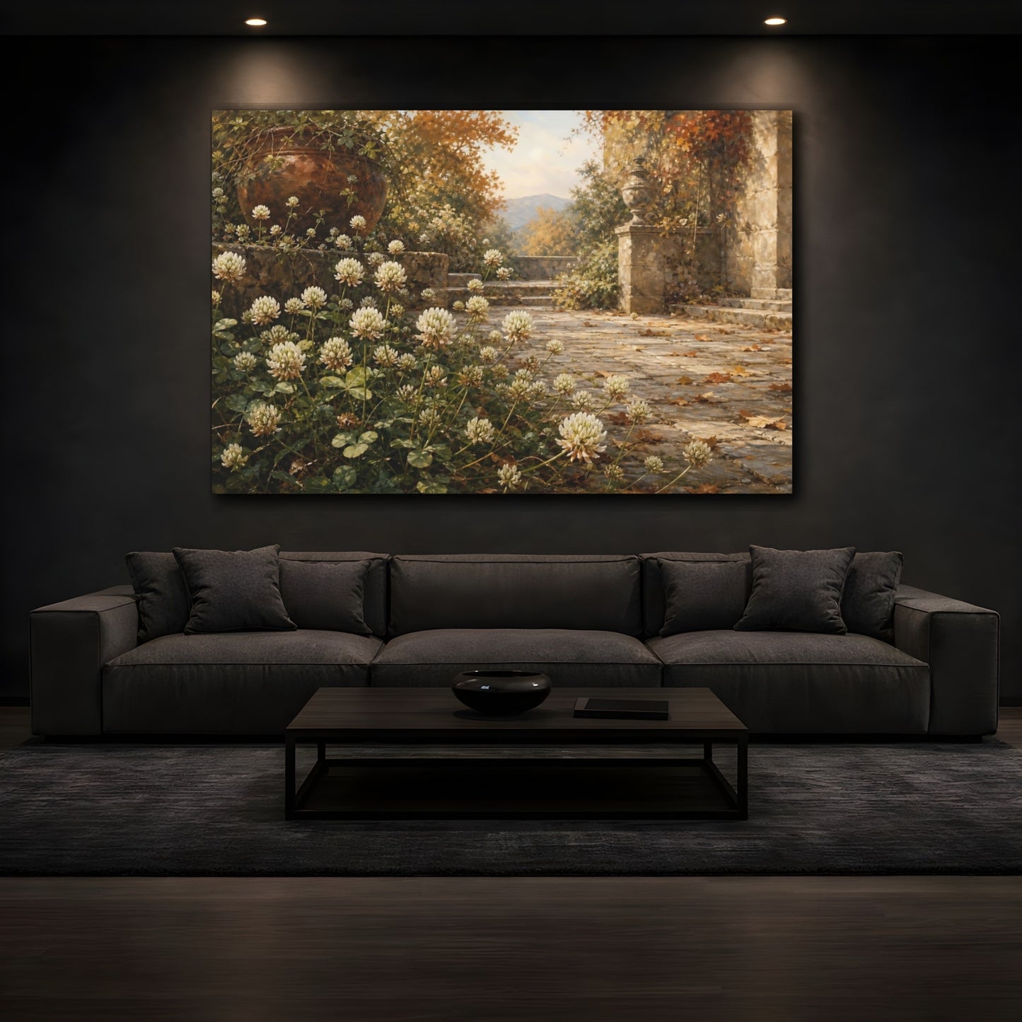 Mockup 3. Antique Still-Life Painting White Clover Blossoms Across Stone Courtyard In Autumn Air shown as stretched canvas wall art