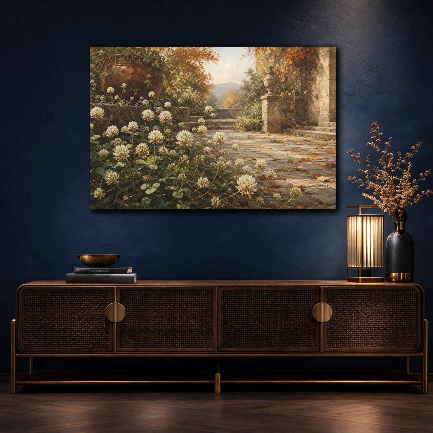 Mockup 4. Antique Still-Life Painting White Clover Blossoms Across Stone Courtyard In Autumn Air shown as stretched canvas wall art