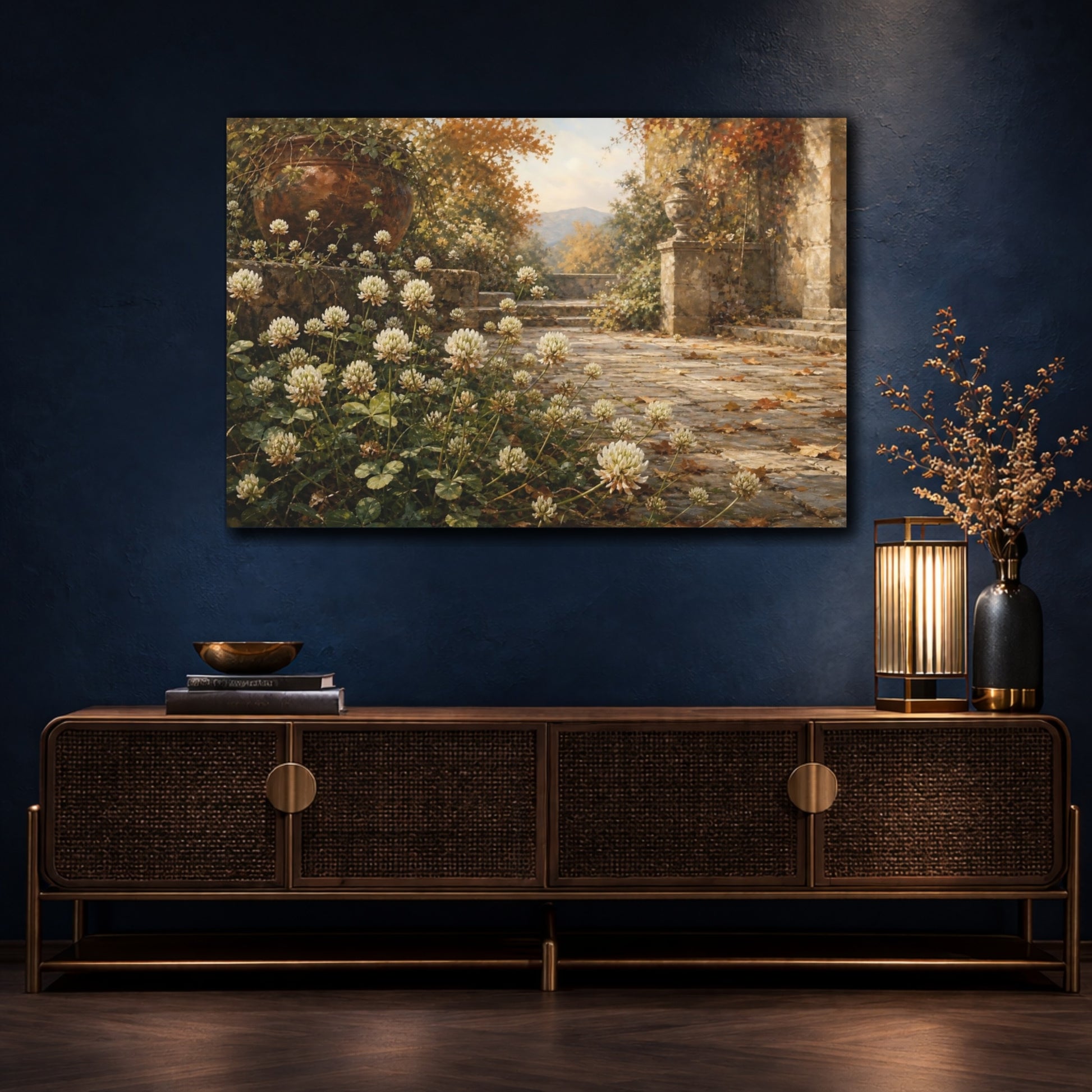 Mockup 4. Antique Still-Life Painting White Clover Blossoms Across Stone Courtyard In Autumn Air shown as stretched canvas wall art