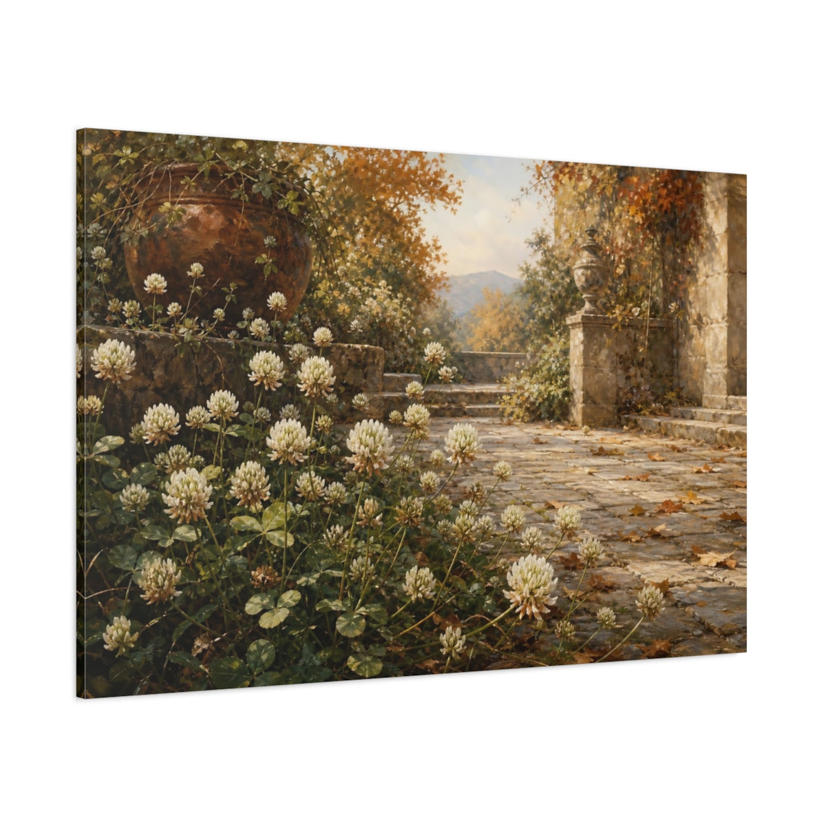 Side Mockup 1. Antique Still-Life Painting White Clover Blossoms Across Stone Courtyard In Autumn Air shown as stretched canvas wall art