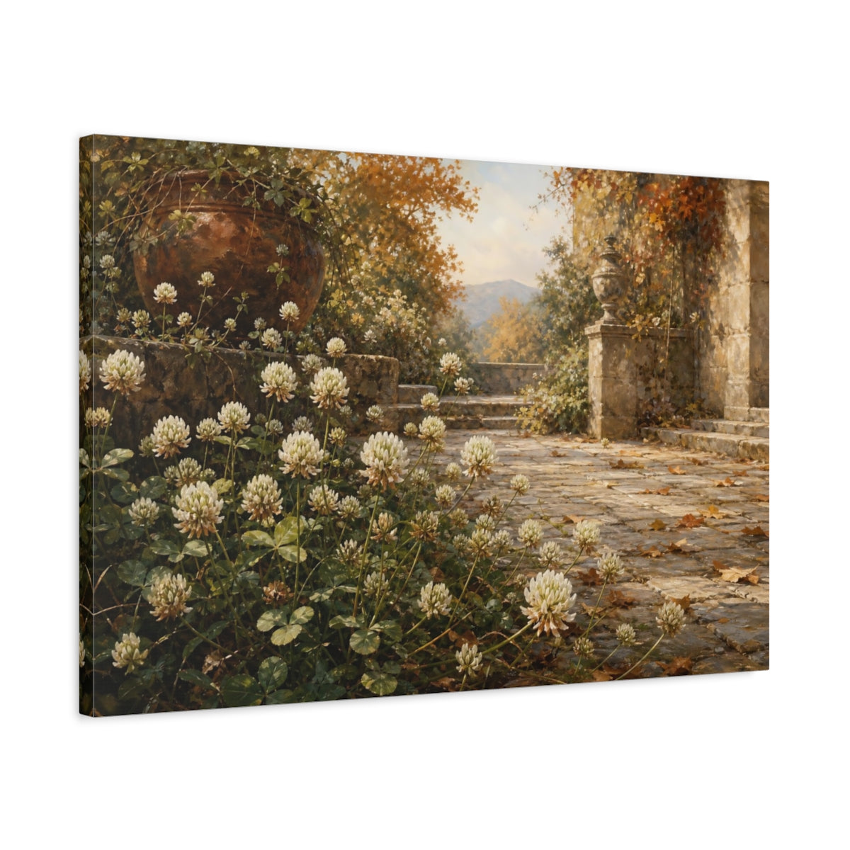 Side Mockup 2. Antique Still-Life Painting White Clover Blossoms Across Stone Courtyard In Autumn Air shown as stretched canvas wall art