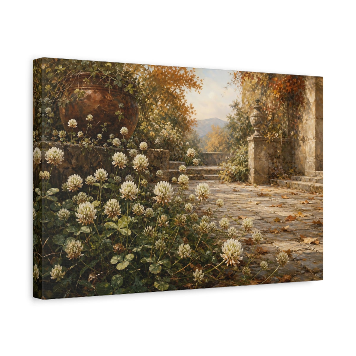 Side Mockup 4. Antique Still-Life Painting White Clover Blossoms Across Stone Courtyard In Autumn Air shown as stretched canvas wall art
