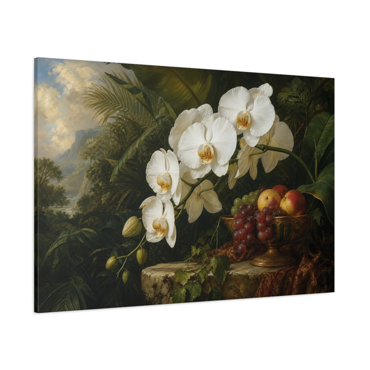 Side Mockup 1. Antique Still-Life Painting White Orchids With Fruit Bowl Near Jungle Foliage shown as stretched canvas wall art