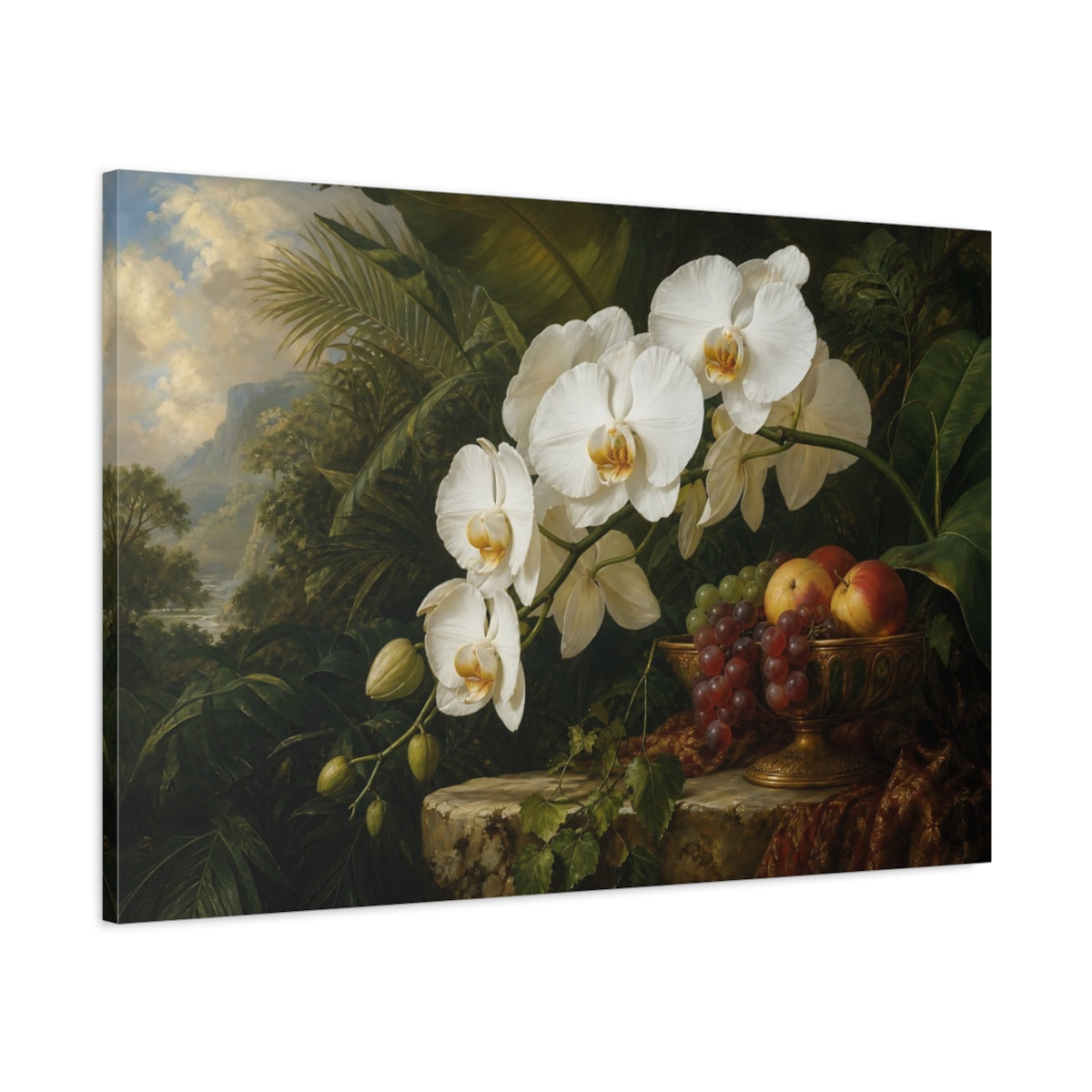 Main Mockup. Antique Still-Life Painting White Orchids With Fruit Bowl Near Jungle Foliage shown as stretched canvas wall art