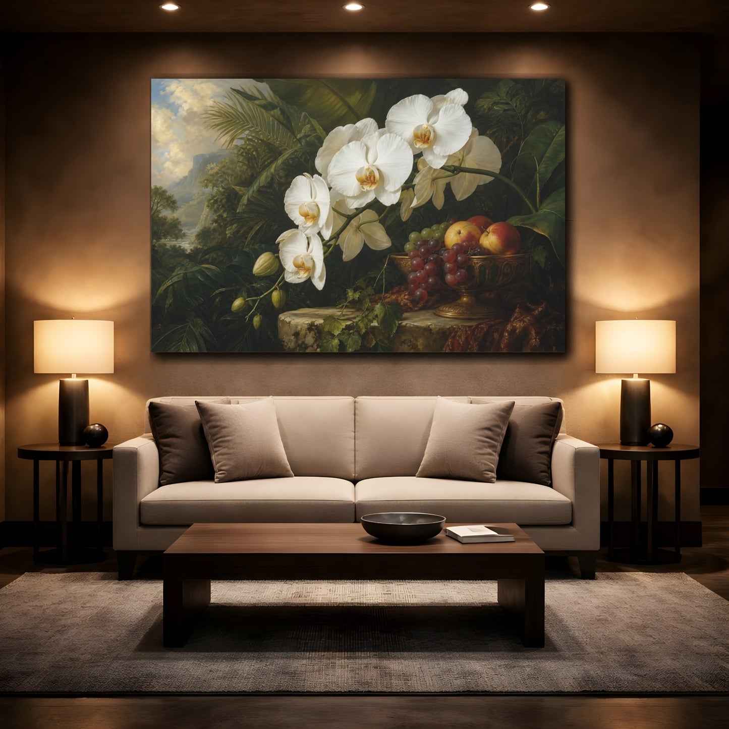 Mockup 2. Antique Still-Life Painting White Orchids With Fruit Bowl Near Jungle Foliage shown as stretched canvas wall art