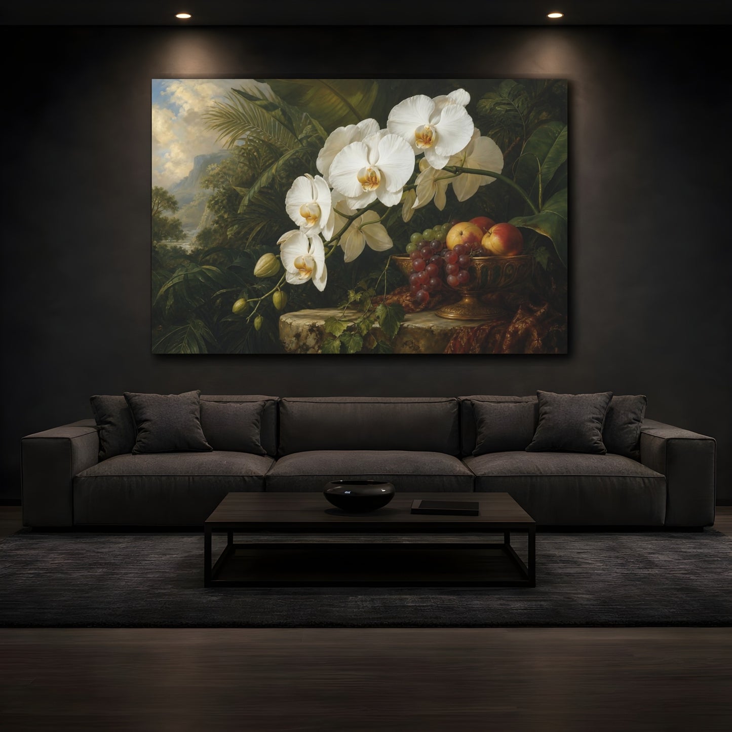 Mockup 3. Antique Still-Life Painting White Orchids With Fruit Bowl Near Jungle Foliage shown as stretched canvas wall art