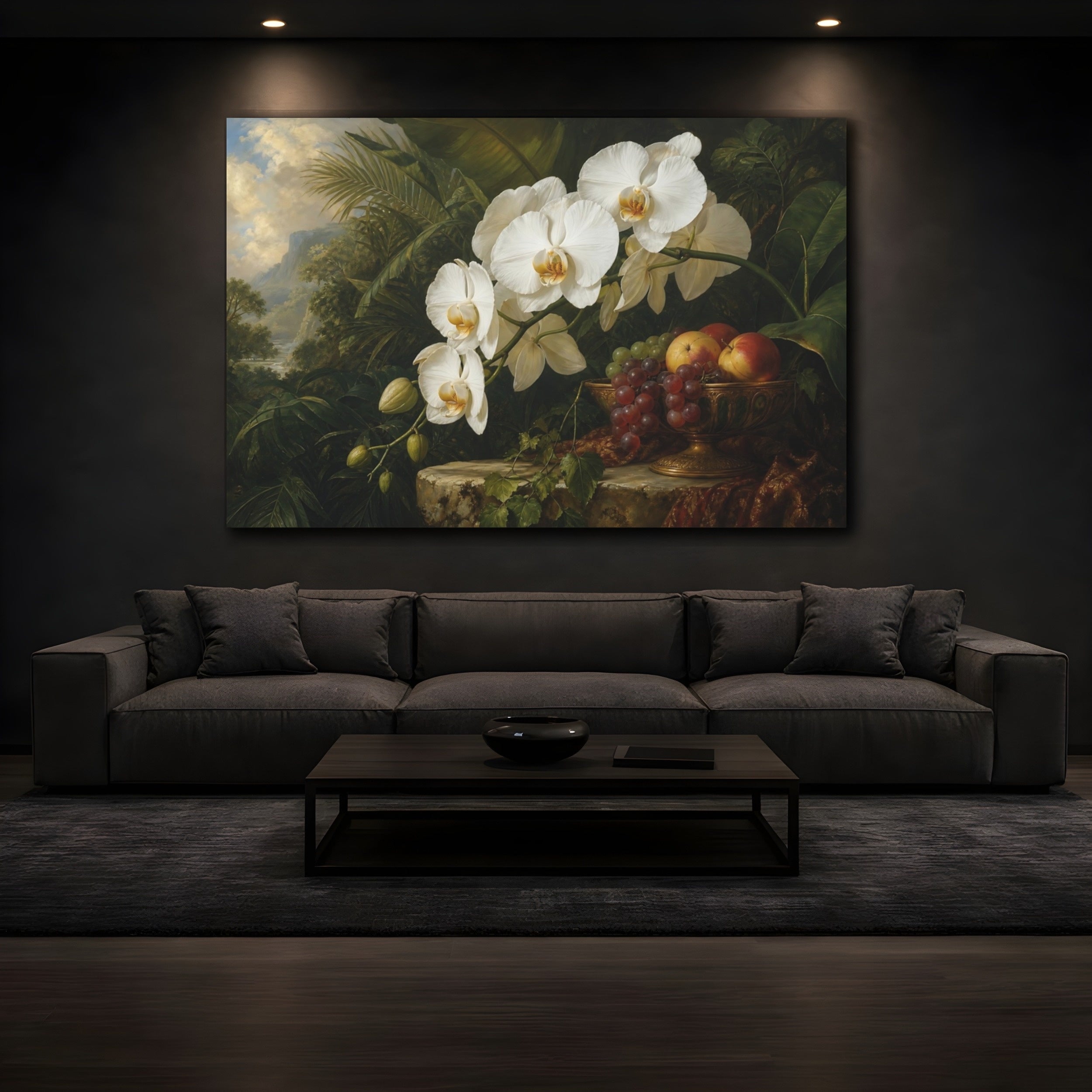 Mockup 3. Antique Still-Life Painting White Orchids With Fruit Bowl Near Jungle Foliage shown as stretched canvas wall art