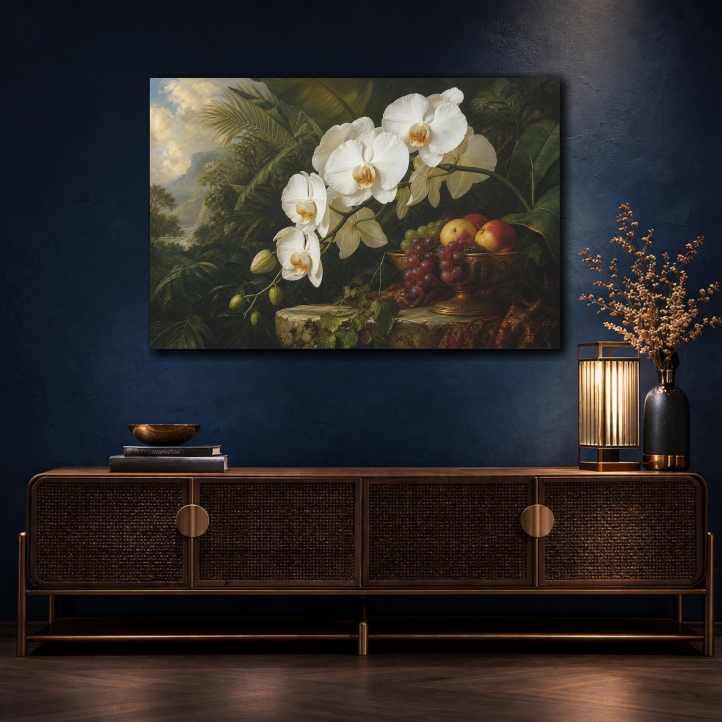 Mockup 4. Antique Still-Life Painting White Orchids With Fruit Bowl Near Jungle Foliage shown as stretched canvas wall art