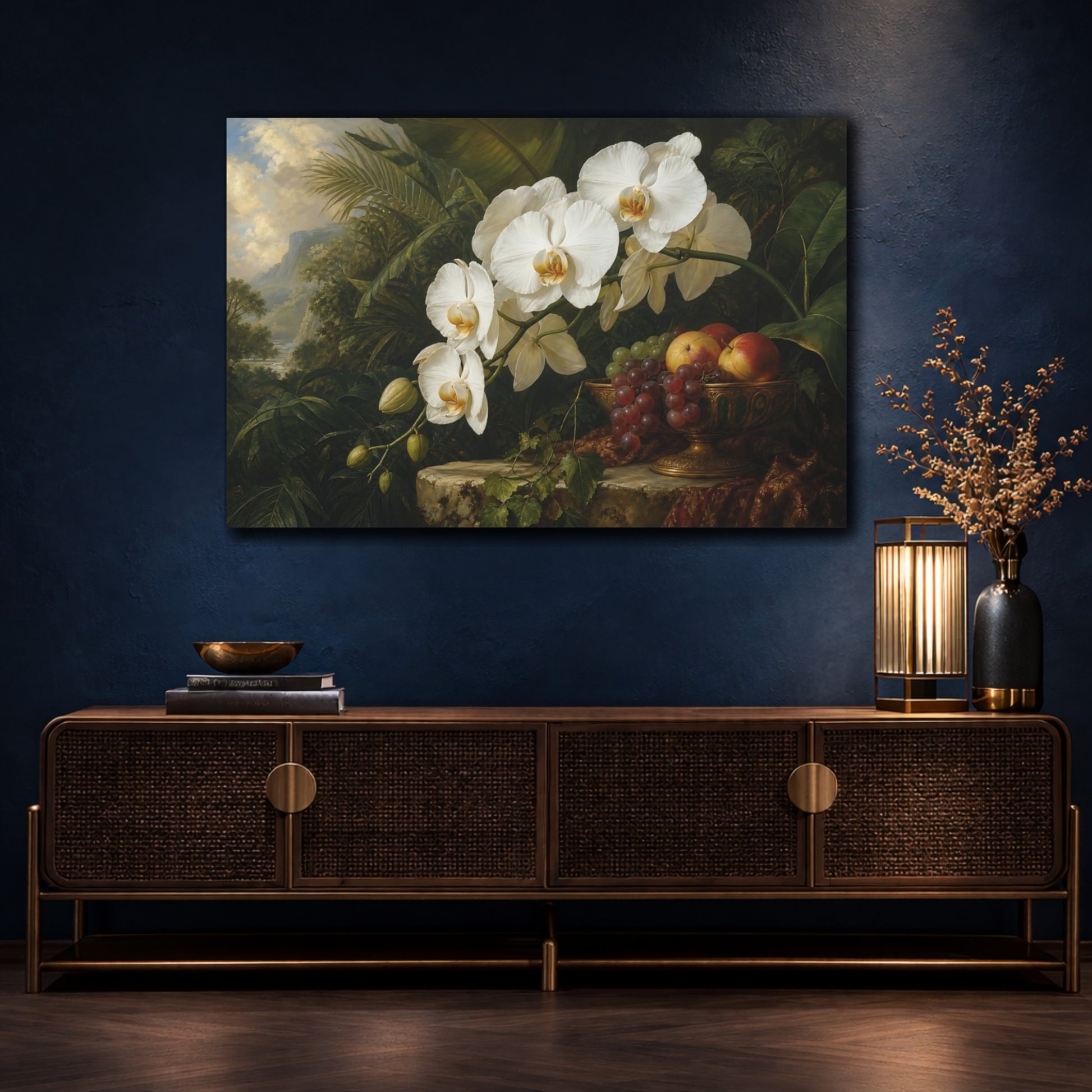 Mockup 4. Antique Still-Life Painting White Orchids With Fruit Bowl Near Jungle Foliage shown as stretched canvas wall art