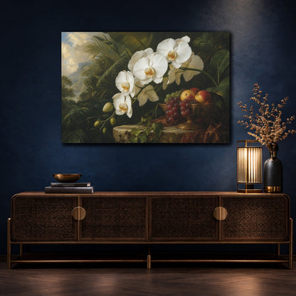 Mockup 4. Antique Still-Life Painting White Orchids With Fruit Bowl Near Jungle Foliage shown as stretched canvas wall art