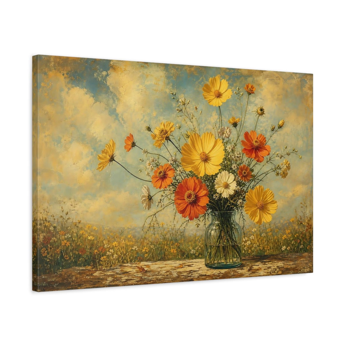 Side Mockup 2. Antique Still-Life Painting Yellow And Orange Cosmos Zinnias In Clear Bottle shown as stretched canvas wall art