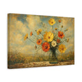 Side Mockup 4. Antique Still-Life Painting Yellow And Orange Cosmos Zinnias In Clear Bottle shown as stretched canvas wall art