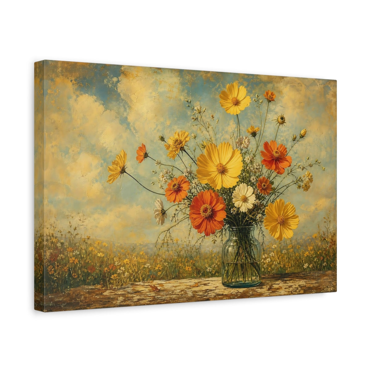 Side Mockup 4. Antique Still-Life Painting Yellow And Orange Cosmos Zinnias In Clear Bottle shown as stretched canvas wall art