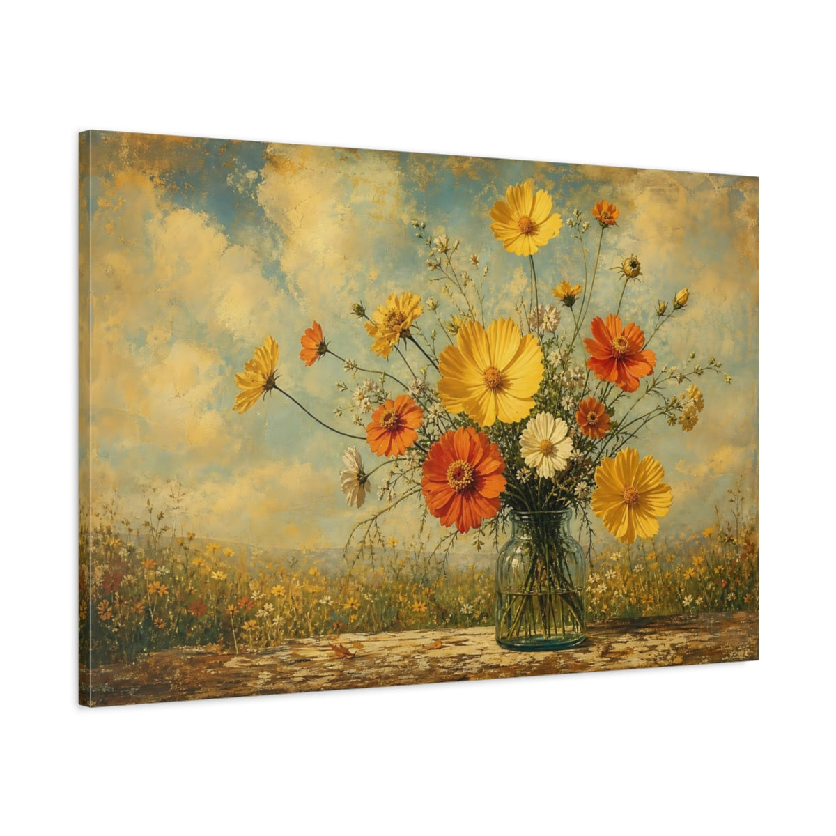 Main Mockup. Antique Still-Life Painting Yellow And Orange Cosmos Zinnias In Clear Bottle shown as stretched canvas wall art