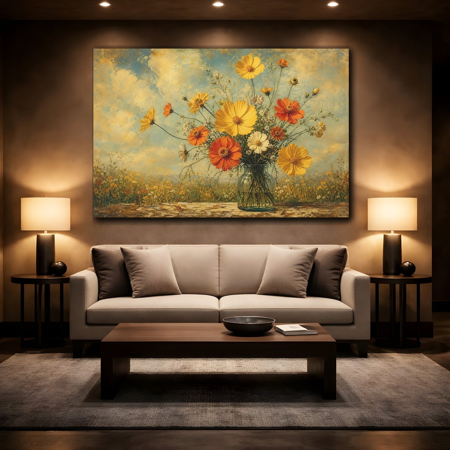 Mockup 2. Antique Still-Life Painting Yellow And Orange Cosmos Zinnias In Clear Bottle shown as stretched canvas wall art