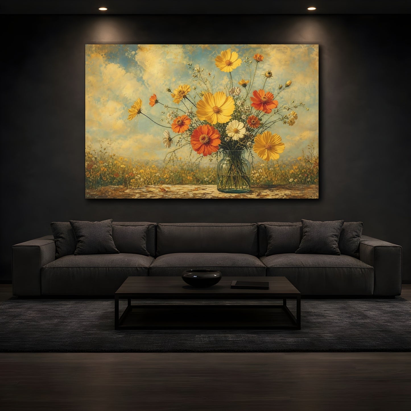 Mockup 3. Antique Still-Life Painting Yellow And Orange Cosmos Zinnias In Clear Bottle shown as stretched canvas wall art