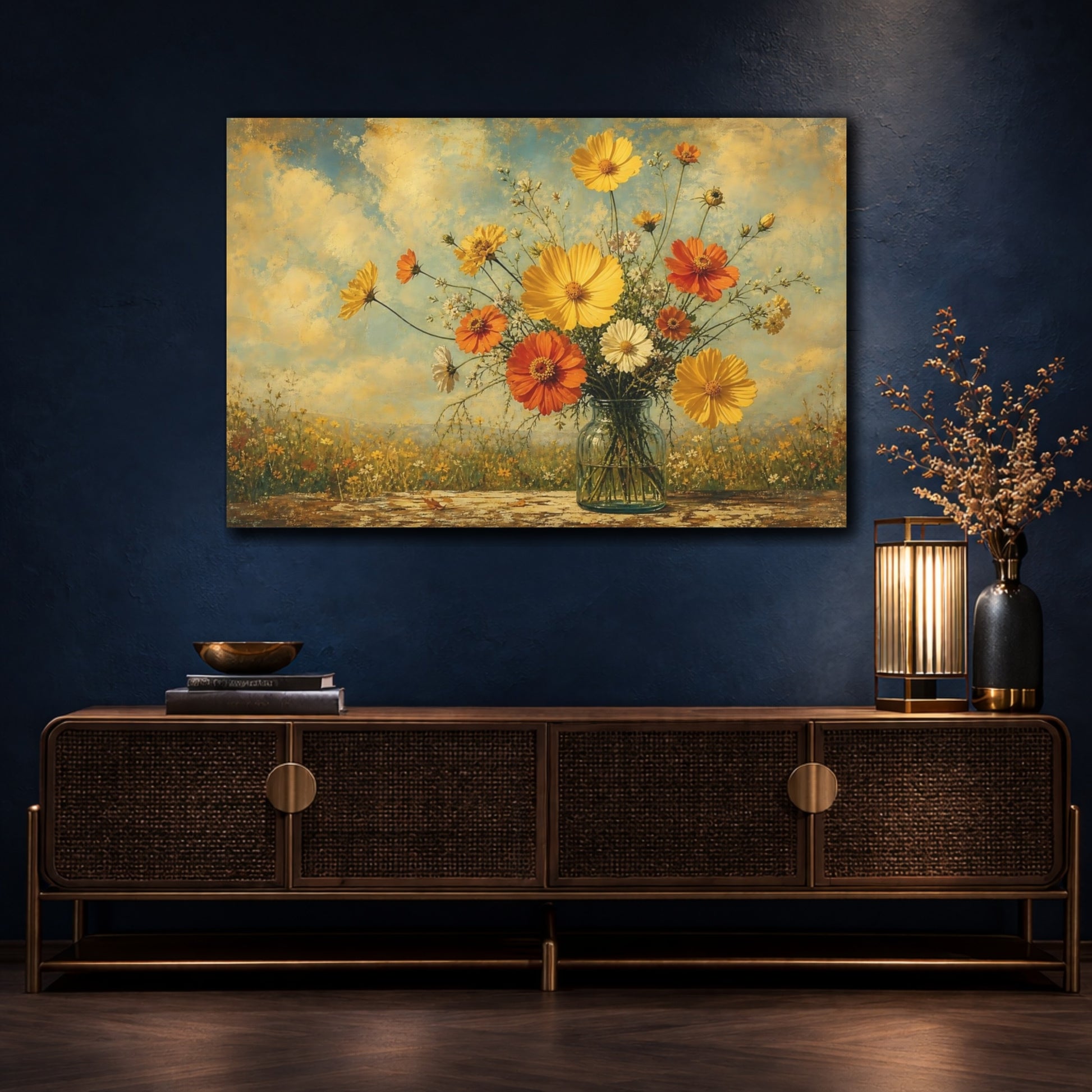 Mockup 4. Antique Still-Life Painting Yellow And Orange Cosmos Zinnias In Clear Bottle shown as stretched canvas wall art