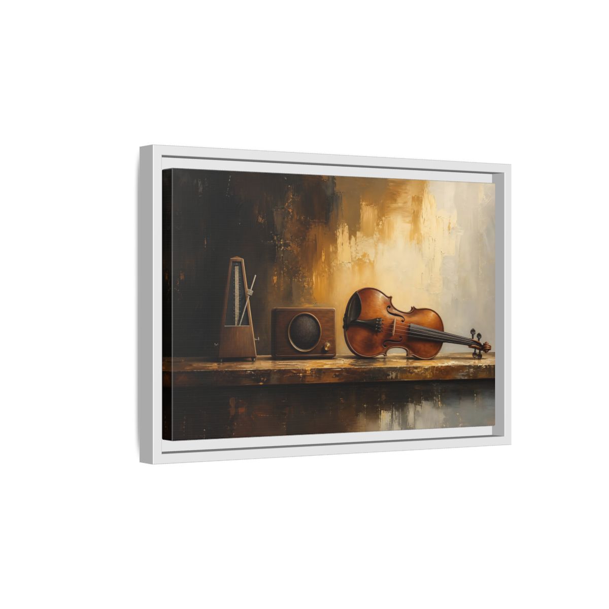 Side Mockup 4. Antique Violin Still Life shown as framed canvas print