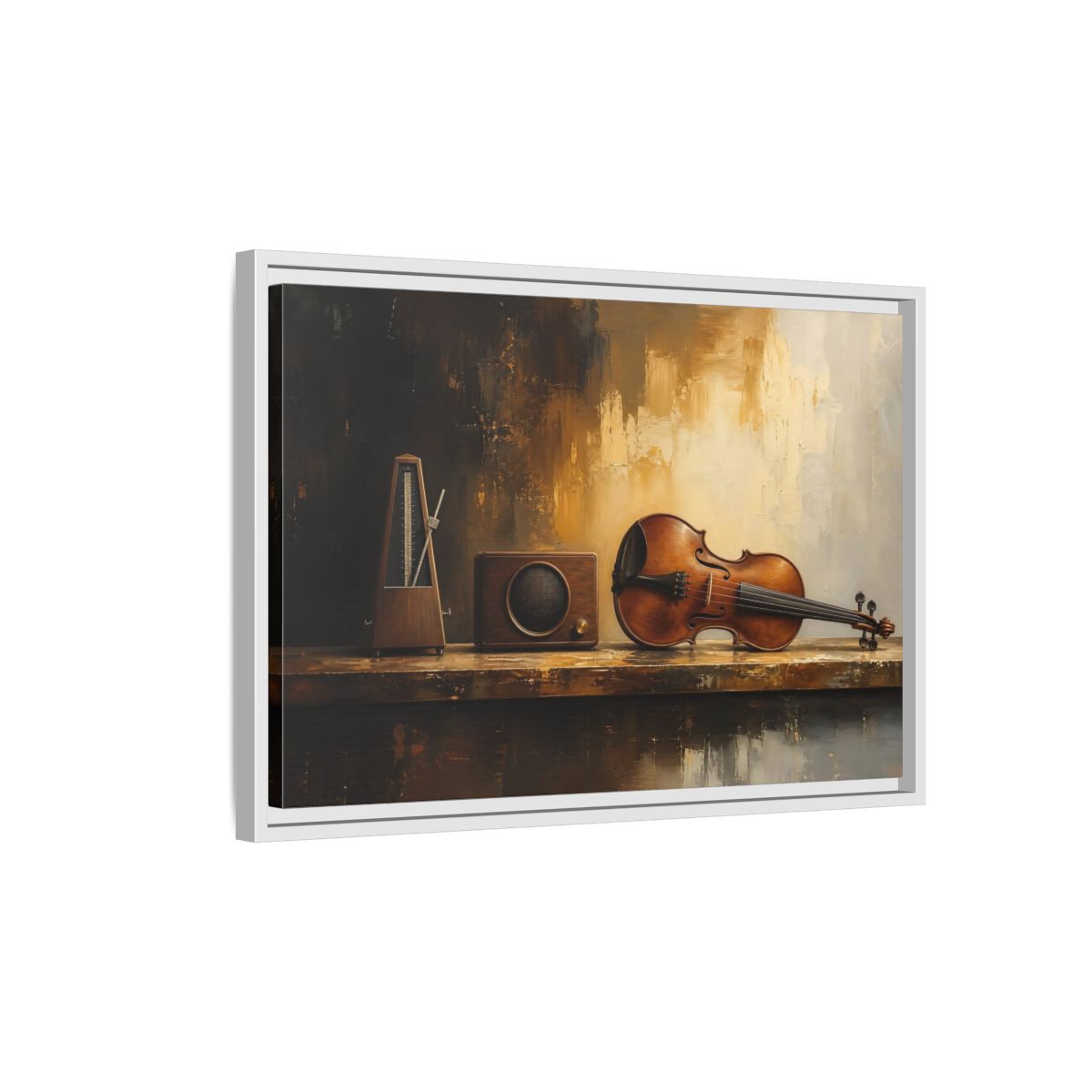 Side Mockup 1. Antique Violin Still Life shown as framed canvas print