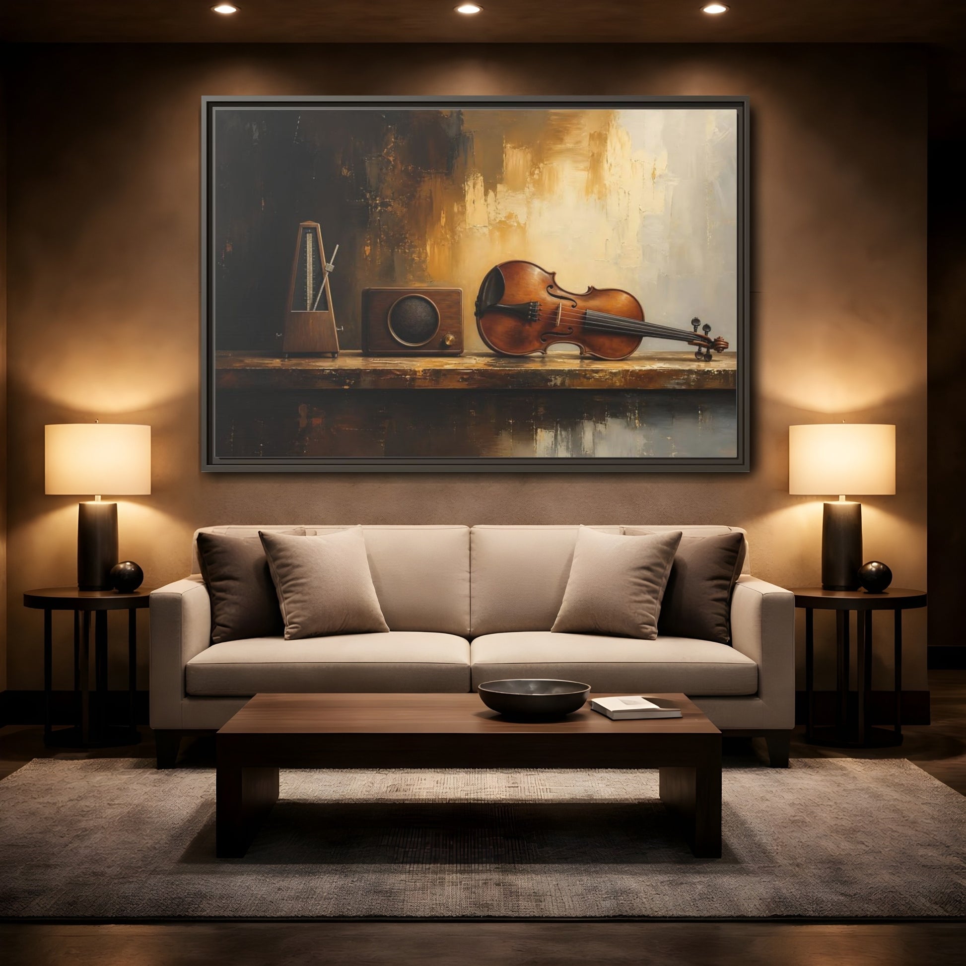 Mockup 2. Antique Violin Still Life shown as framed canvas print